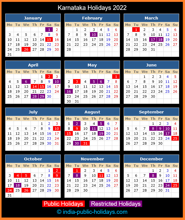 Karnataka Holiday Calendar 2022